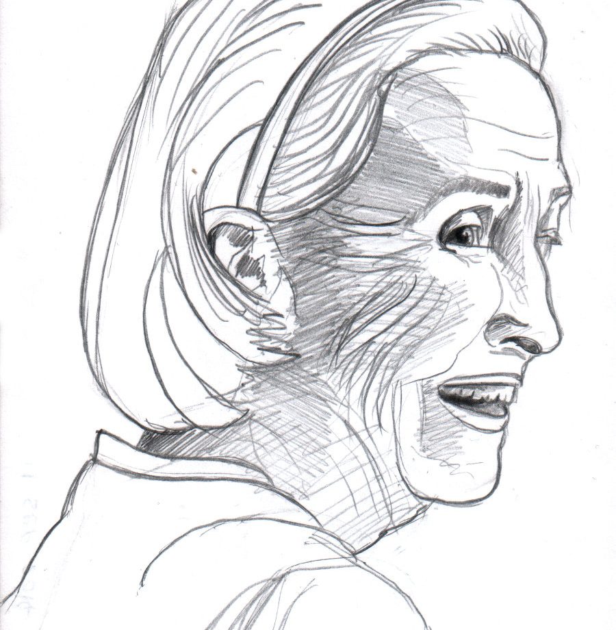 Pencil sketch of a smiling old woman wearing a hair band